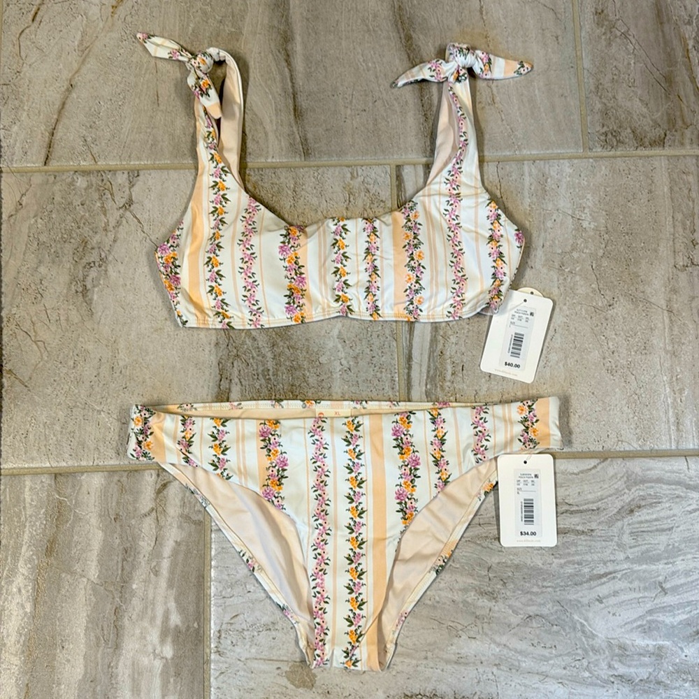 Gianni Bini bikini TOP floral stripe swim peach cream junior women summer spring